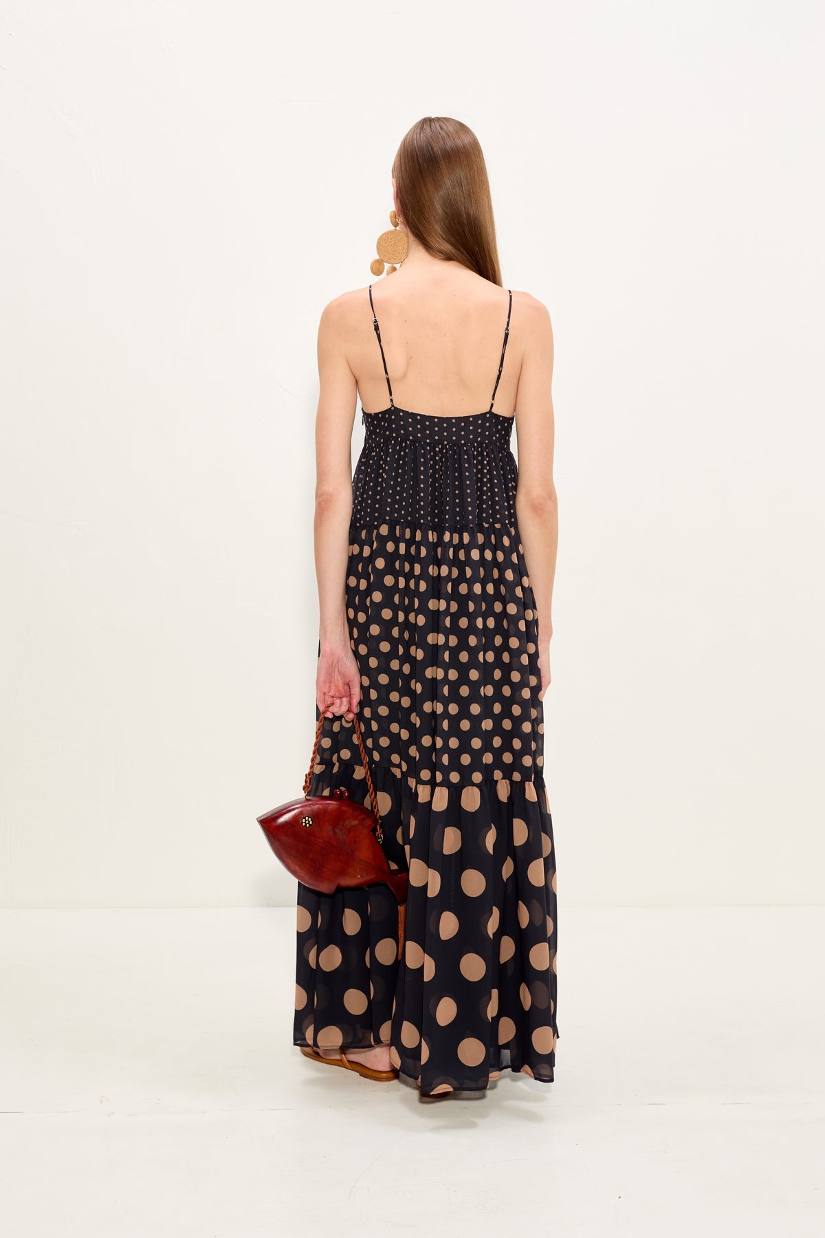 Romi Chiffon Maxi Dress - Black/Tan Polka Dot