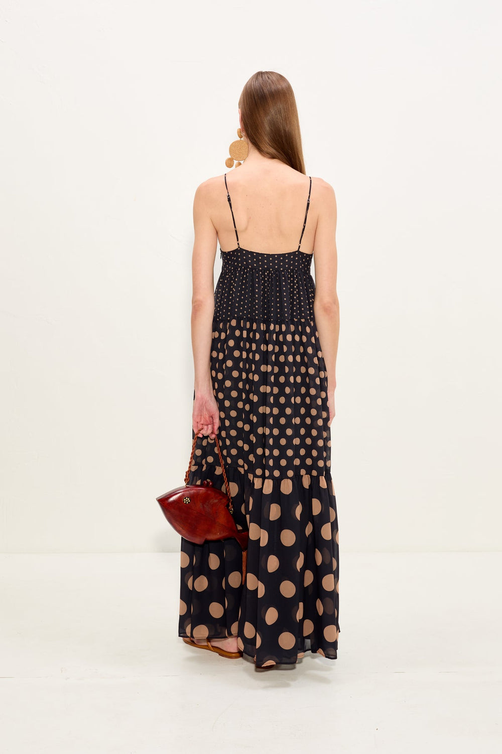Romi Chiffon Maxi Dress - Black/Tan Polka Dot