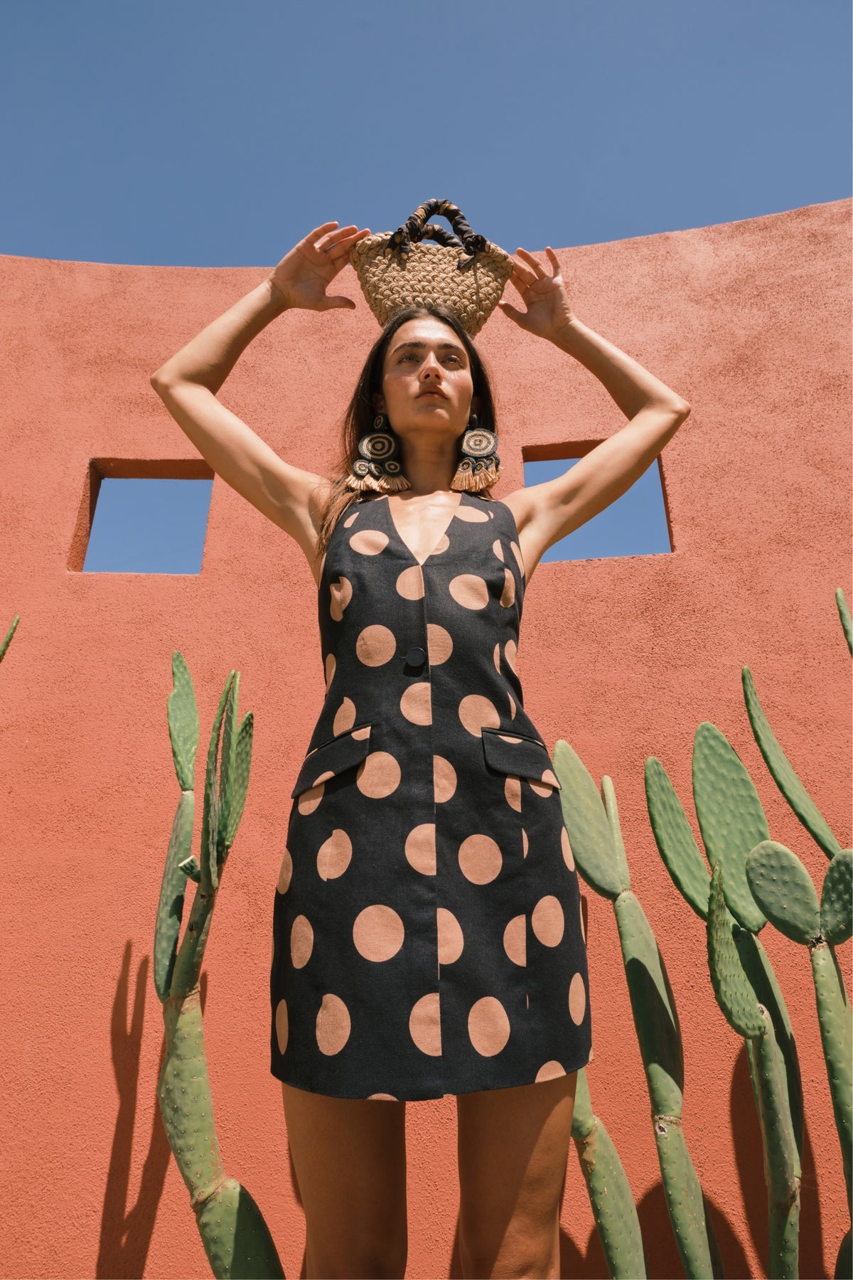 Kirra Linen Mini Dress - Black/Tan Polka Dot