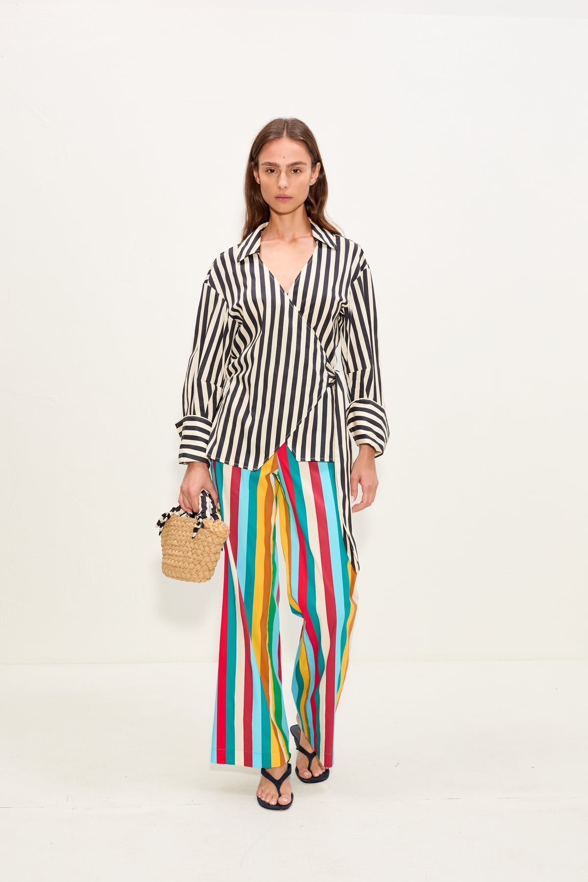 Anya Poplin Wrap Top - Black/White Stripe