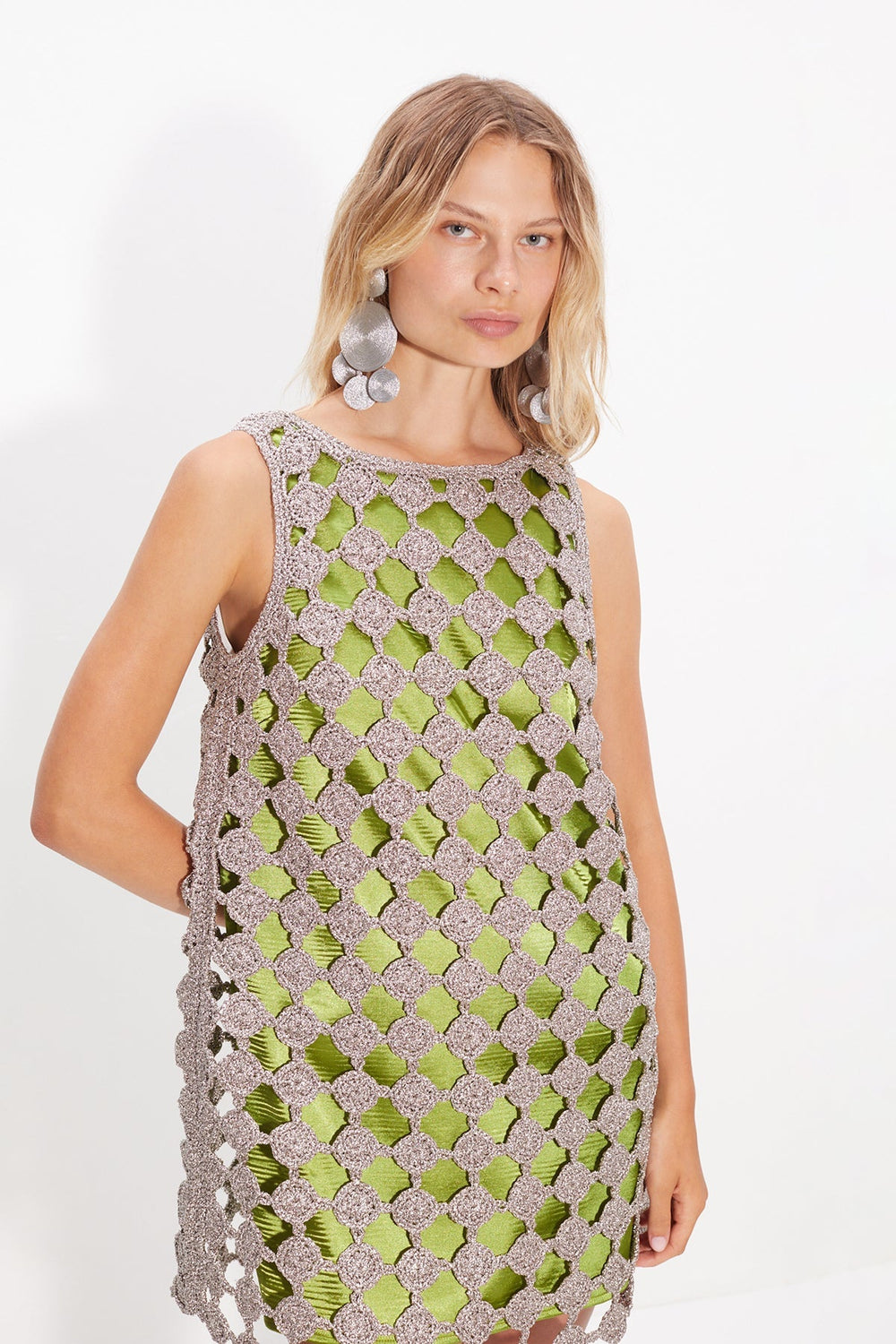 Sina Crochet Mini Dress - Moss/Satellite Silver