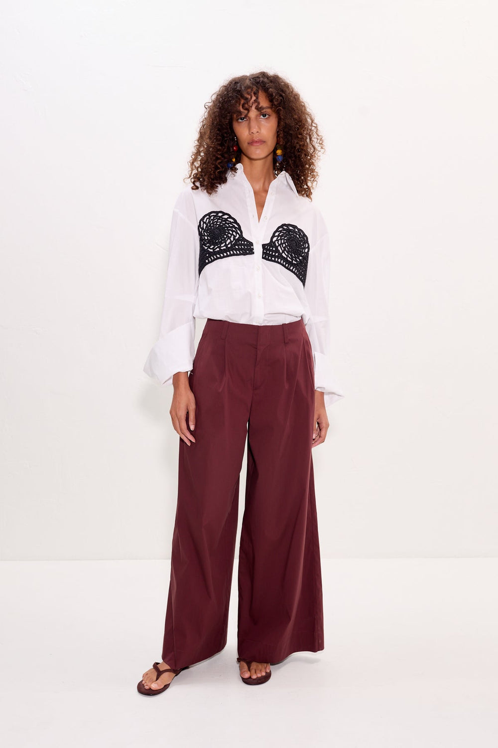 Maren Poplin Crochet Button Up - Macadamia