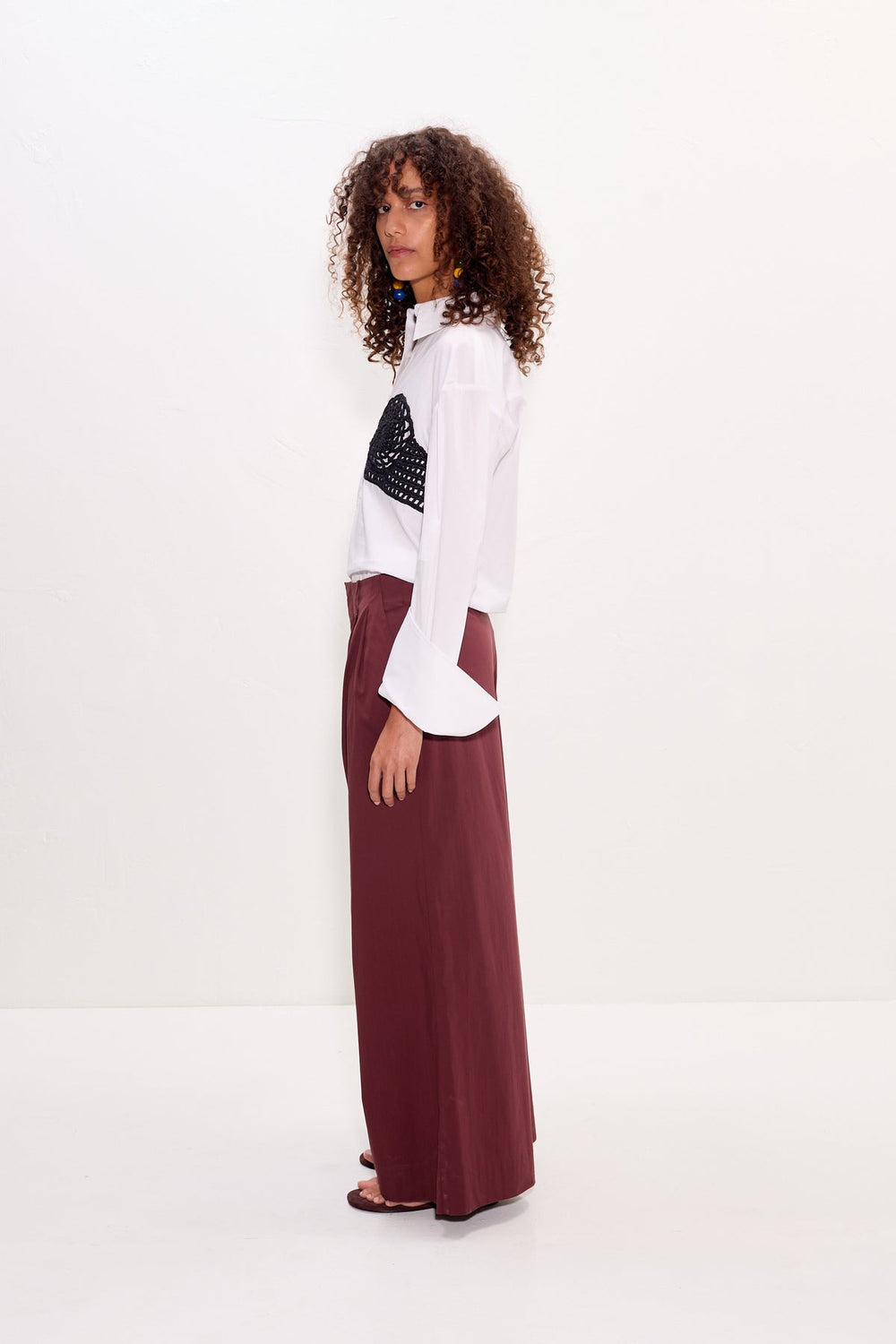 Maren Poplin Crochet Button Up - Macadamia