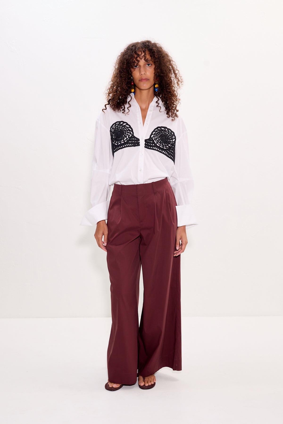 Maren Poplin Crochet Button Up - Macadamia