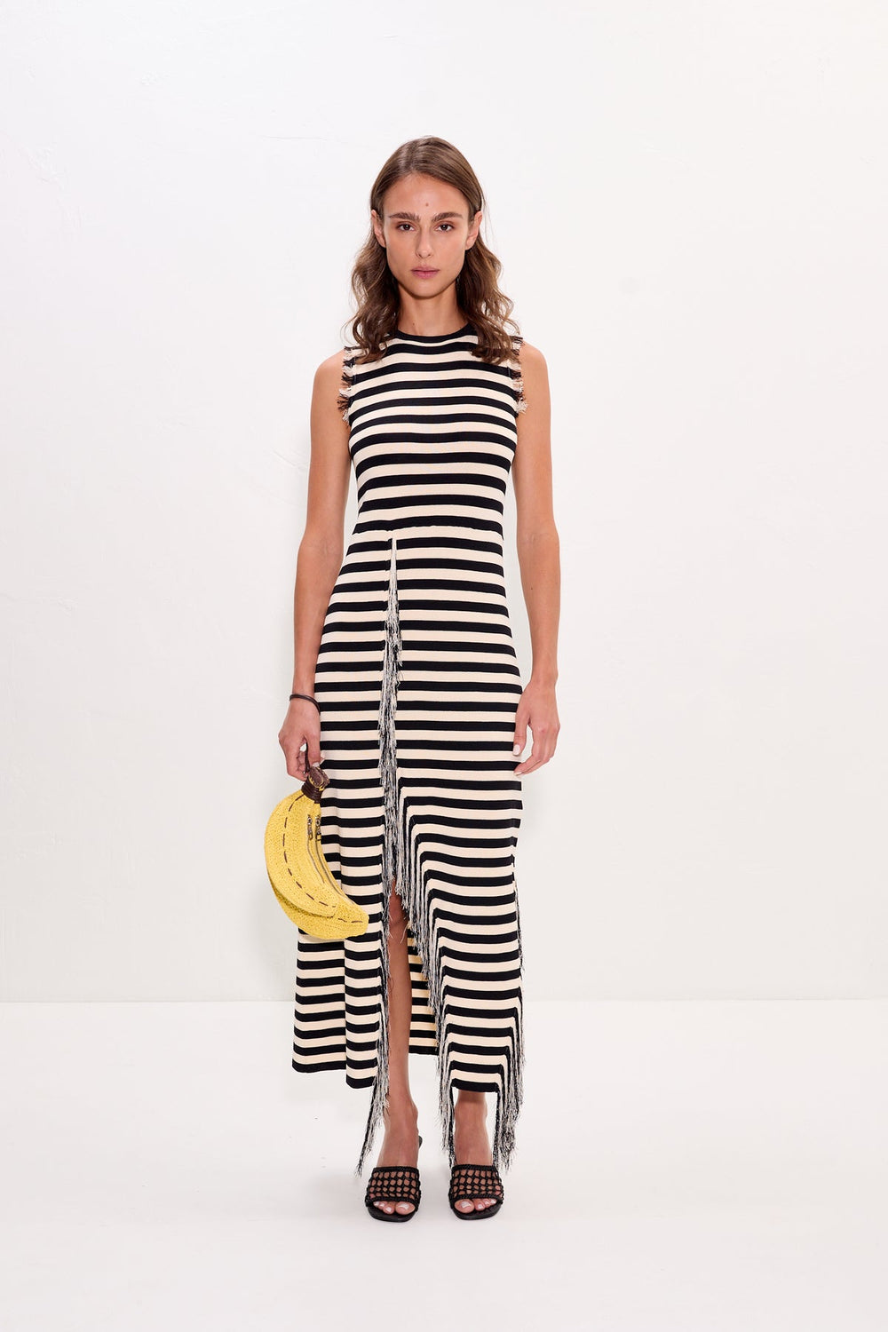Sabine Fringe Knit Dress - Black/White Stripe
