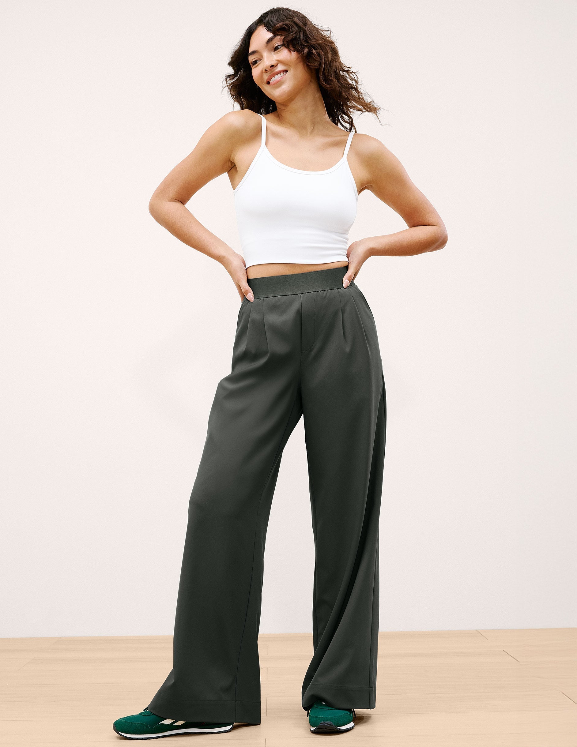 Beyond Yoga Wide Leg Elastic Waist Trouser Pants - Slate Green