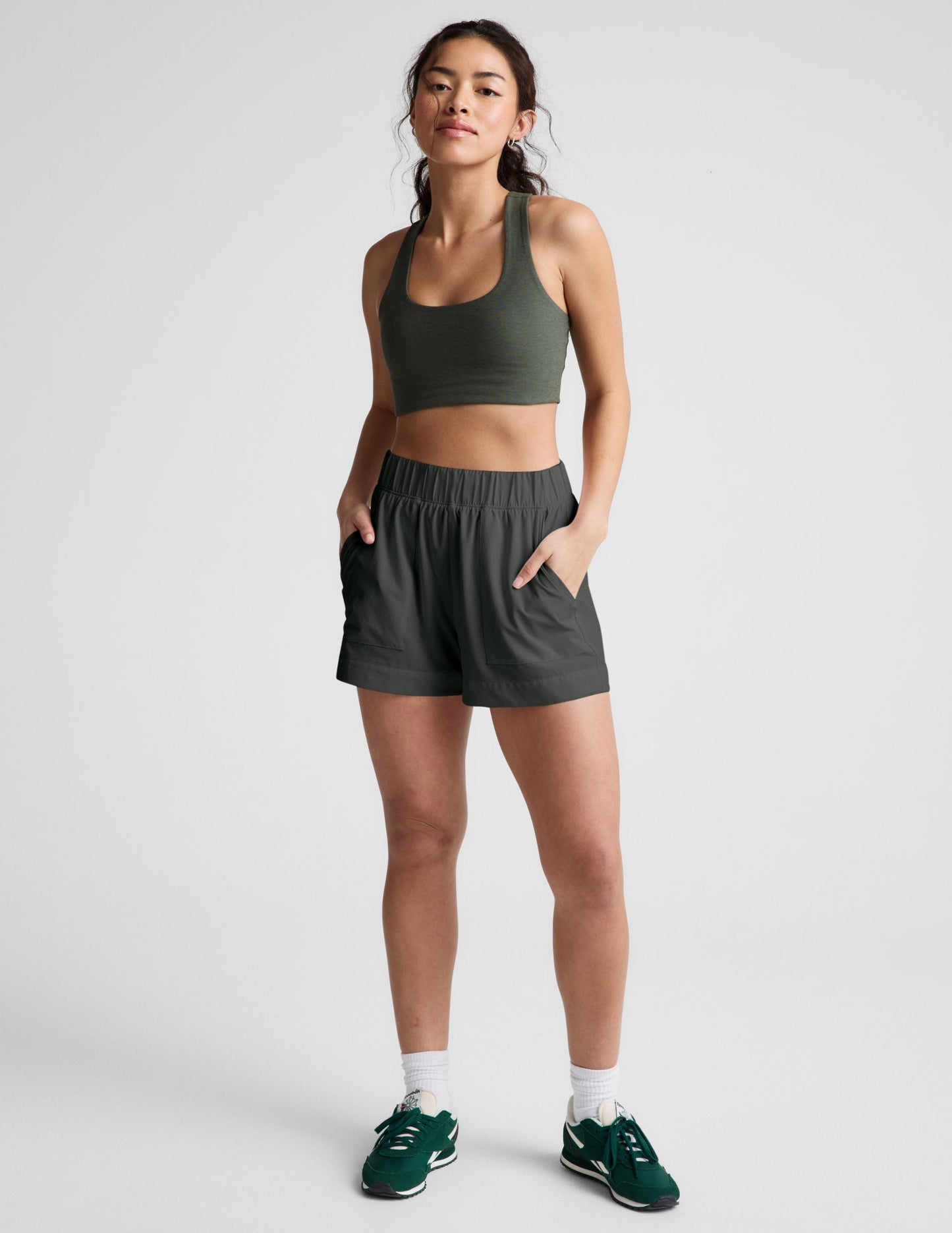 Beyond Yoga Mid Rise Pull On "Easy" 3" Shorts - Slate Green