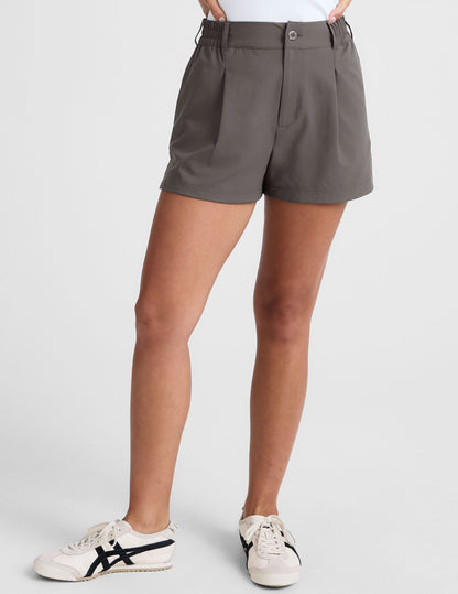 Beyond Yoga Mid-Rise Pleated "Status" Shorts - Soft Umber