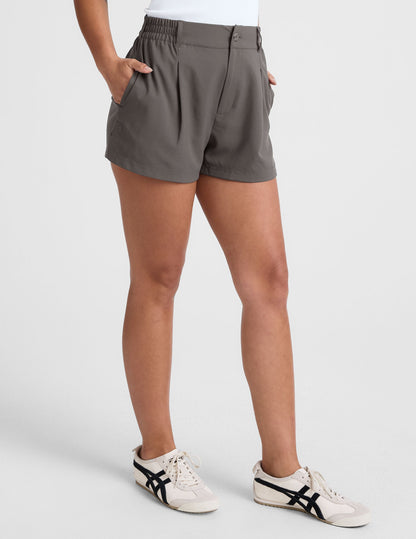 Beyond Yoga Mid-Rise Pleated "Status" Shorts - Soft Umber