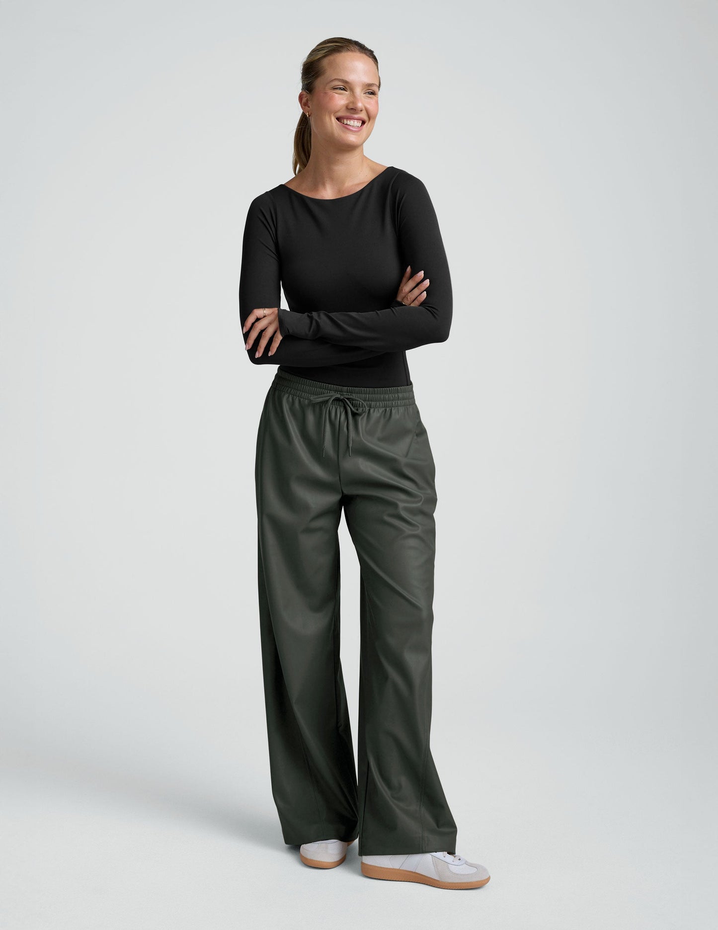 Beyond Yoga Wide Leg Faux Leather Drawstring Pants - Slate Green