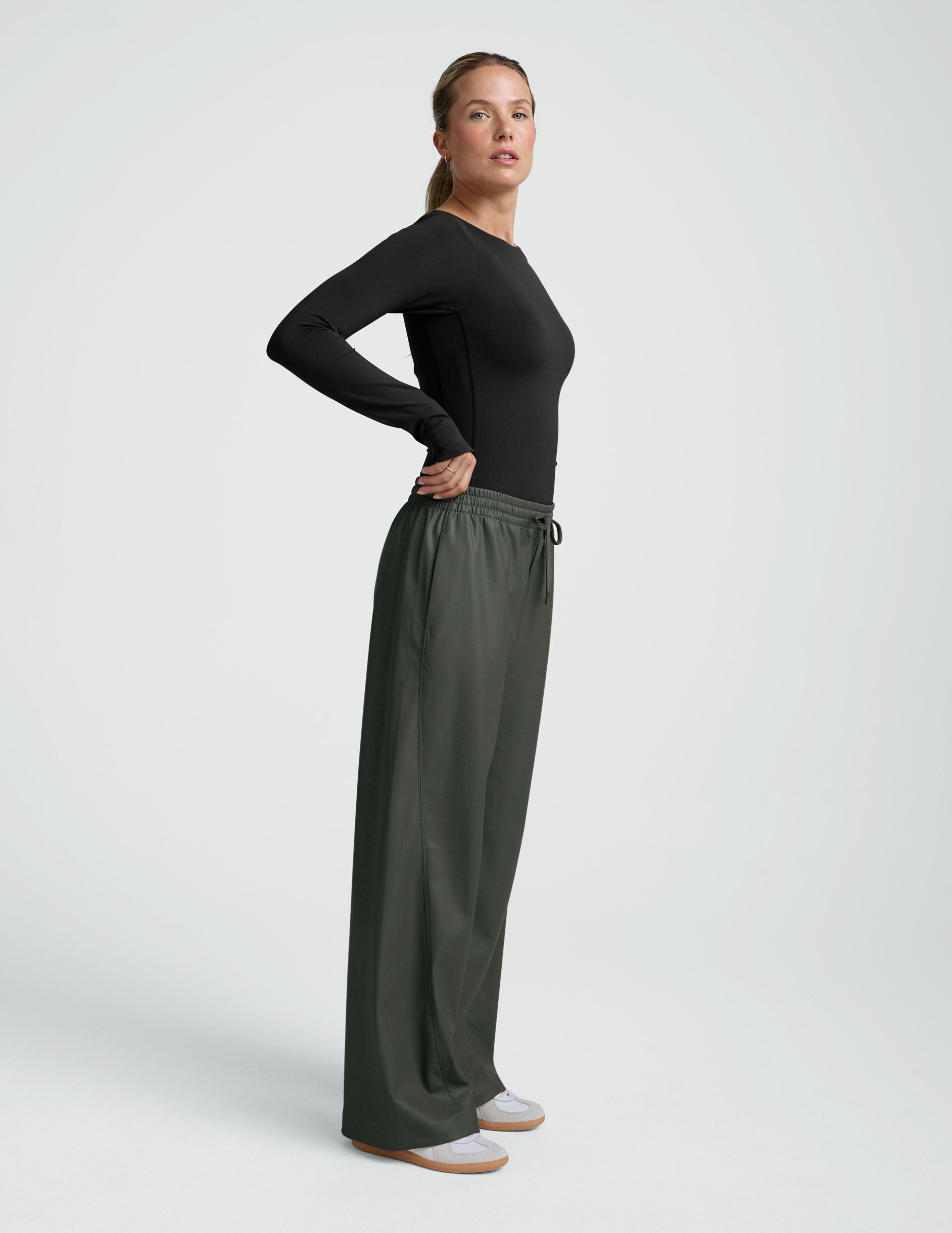 Beyond Yoga Wide Leg Faux Leather Drawstring Pants - Slate Green