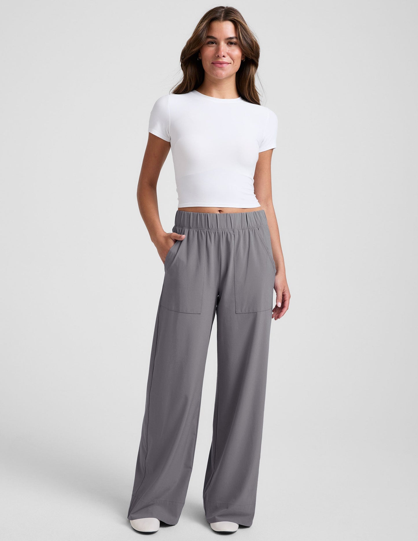 Beyond Yoga Wide Leg Stretch Woven Pull On Pants - Cloud Gray