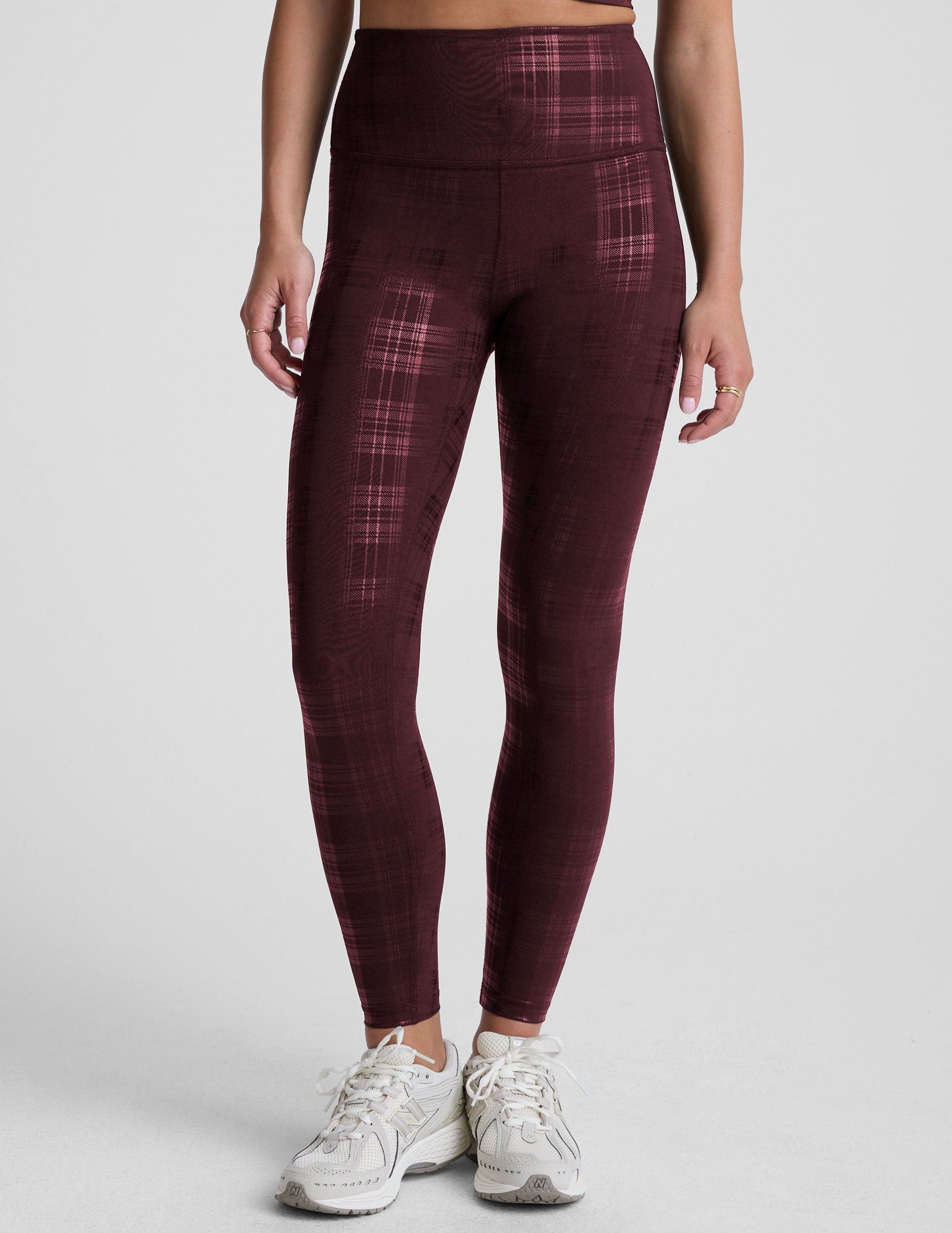 Beyond Yoga Plaid Foil Burgundy High Waisted Midi Legging