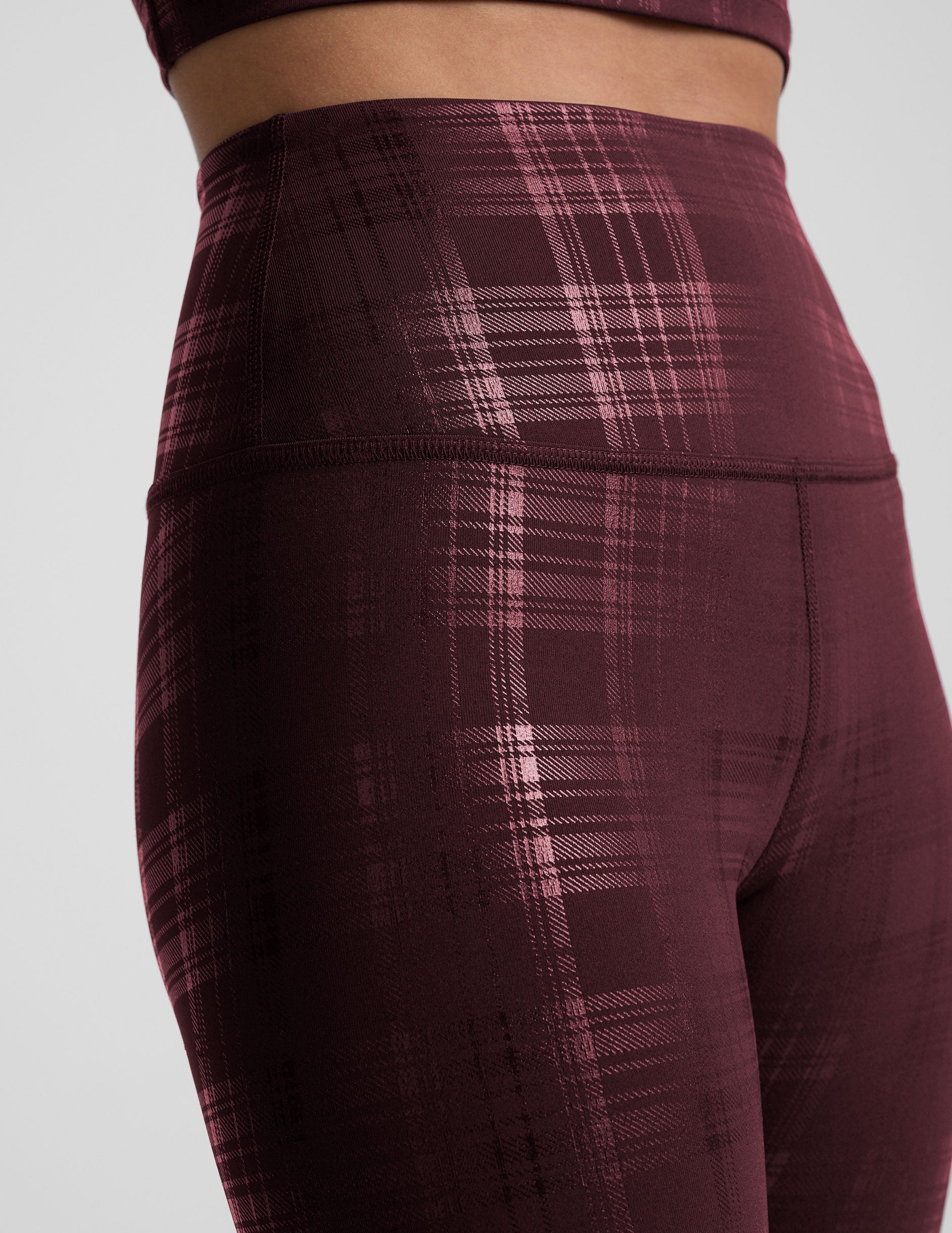 Beyond Yoga Plaid Foil Burgundy High Waisted Midi Legging