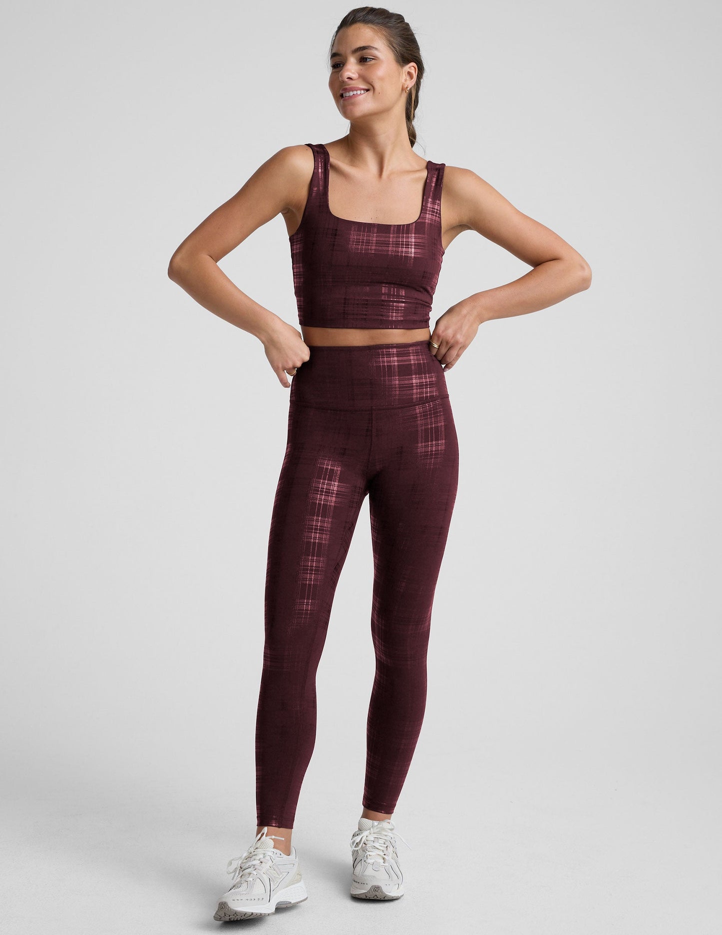 Beyond Yoga Plaid Foil Burgundy High Waisted Midi Legging